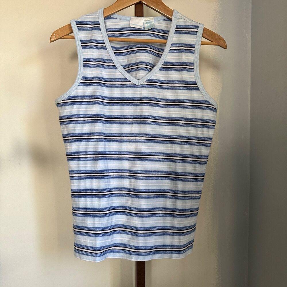 Pro Spirit Women's Blue Multi Striped Ribbed V-Neck Tank Top Size XL